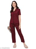 Pink silk & satin pyjama set, women's solid shirt nightsuit with panda print, lapel collar & elastic waist