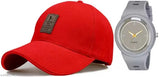 Stylish trendy combo: men's cotton baseball cap with printed pattern and square dial analog watch, made in India