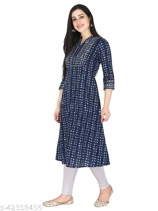 Indigo Blue Motif Print A-Line Kurta, women's cotton, three-quarter sleeves - fashionable daily wear, made in India
