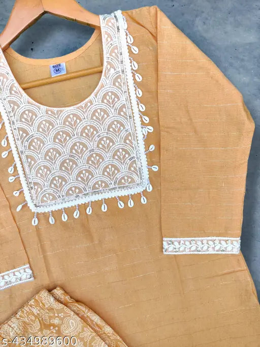 Cotton striped embroidered kurti palazzo dupatta set with lace work, ideal for women's summer fashion in India