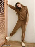 Brown wool pyjamas from Real d studio for women, solid pattern with long sleeves