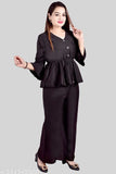 Black crepe women's top & bottom set with three-quarter sleeves, accompanied by a shrug. Stylish regular outfit from India