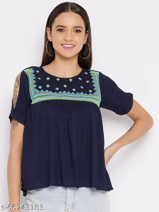 Navy Blue Rayon Embroidered Yoke A-line Top - Women's chic, casual top with short sleeves, perfect for any occasion