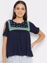 Navy Blue Rayon Embroidered Yoke A-line Top - Women's chic, casual top with short sleeves, perfect for any occasion