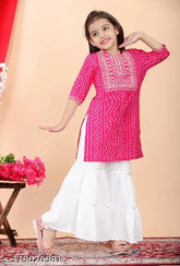 Rayon Bandhani printed kurta and Palazzo set for girls, intricate embroidery work, Indian ethnic wear. Sizes: 5-6 years (28in/28in), 6-7 years (28in/28in), 7-8 years (30in/30in), etc. up to 12-13 years (34in/34in). India origin