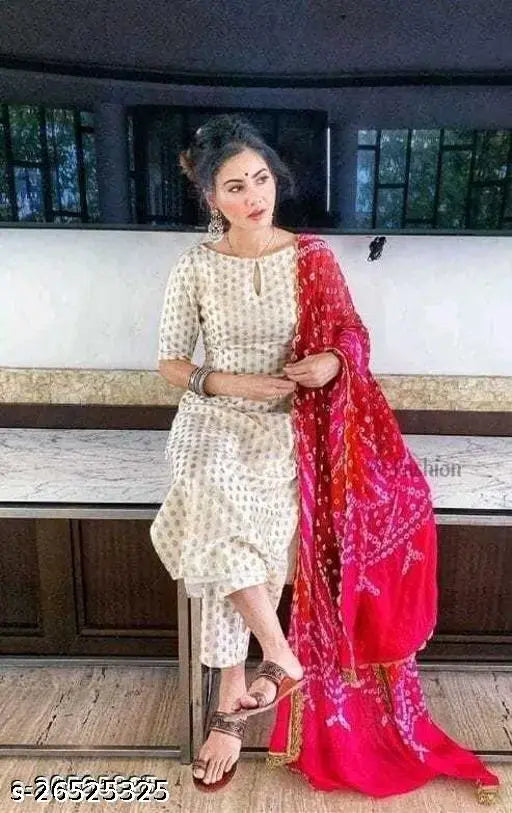 Trendy rayon and silk printed net kurta, dupatta, and pants set for women, three-quarter sleeves, India origin