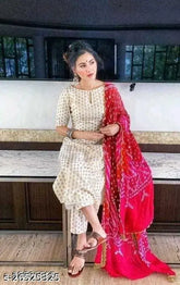 Trendy rayon and silk printed net kurta, dupatta, and pants set for women, three-quarter sleeves, India origin