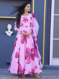 Pink silk gown with dupatta set, printed pattern, long sleeves, on fashion mannequin