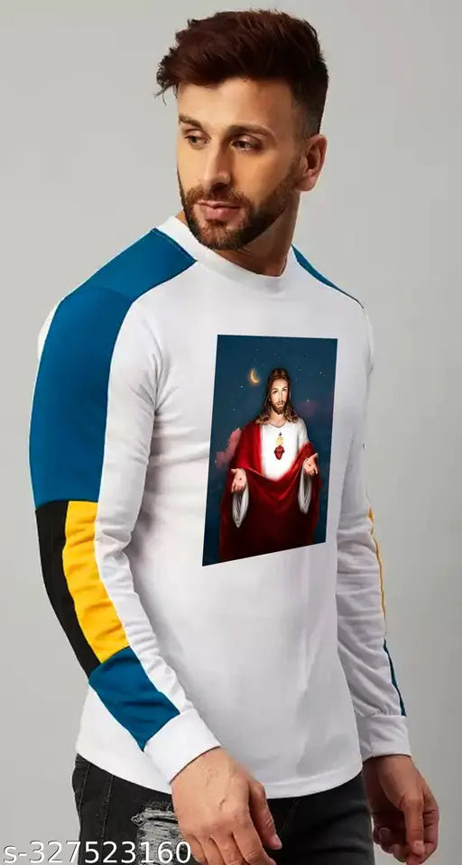 Red polyester long sleeves Jesus Christmas t-shirt with print, refreshing round neck tee from CANIS