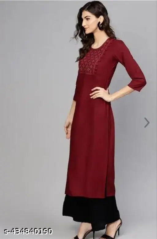 Maroon embroidered rayon kurta set with palazzos for women - Trendy premium quality, comfortable and versatile fashion choice