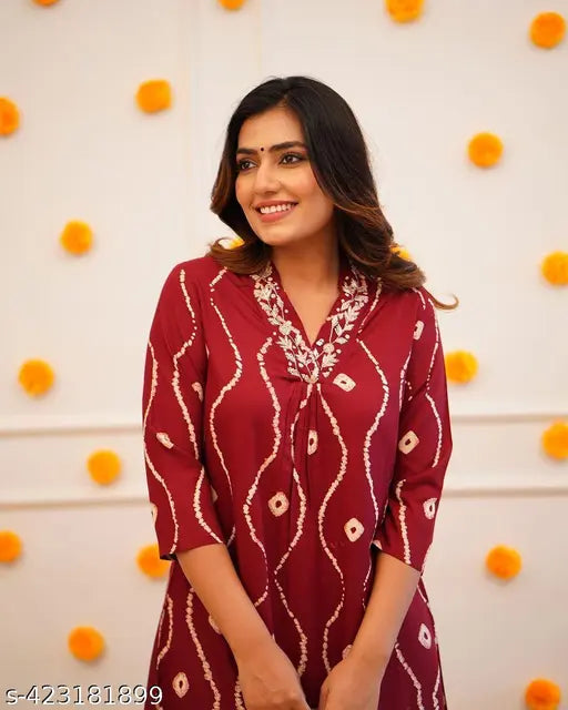 Rayon printed kurta set with pants, hand work Procin design, suitable for parties and festivals