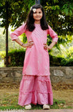 Stylish embroidered rayon kurta set for kids, printed A-line top and sharara bottom with three-quarter sleeves. Set includes sizes ranging from 3-4 years to 15-16 years, handmade in India