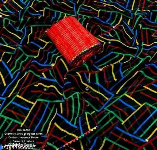 Multicolor striped Kalamkari print georgette saree for women, free size, Indian artistry and comfort