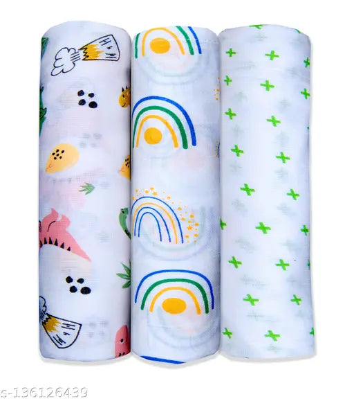 Green plus print DinoRainbow swaddle blanket set (100cm x 100cm), premium organic cotton for cozy, breathable comfort