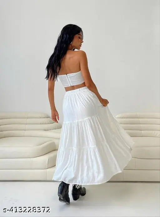 White rayon long skirt, free size, solid net pattern, perfect for ethnic style, comfortable and gorgeous for light occasions