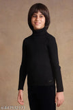 Black woolen kids sweater with high neck and turtle neck pattern, featuring stripes. Adorable children's wear made of polycotton fabric for comfort all day long