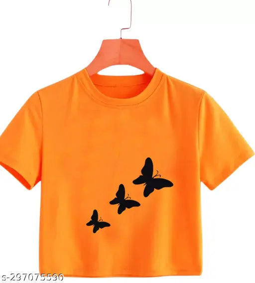 Yellow printed cotton blend women's t-shirt with round neck, short sleeves, and black butterfly graphic design - made in India
