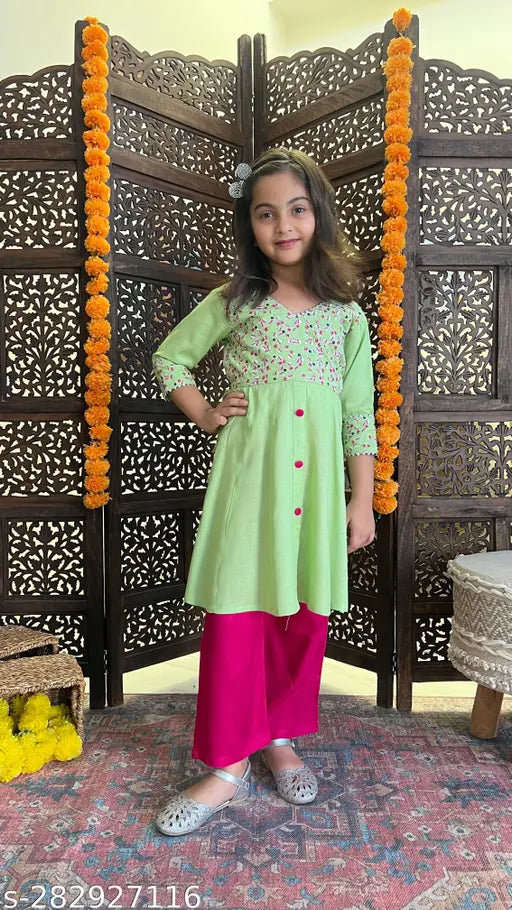 Green Rayon Plazzo with Embroidered Kurti Set for Kids - Comfortable and decorative rayon slub kurti and palazzos with all-over yoke embroidery, suitable for ages 4-11 years. Made in India