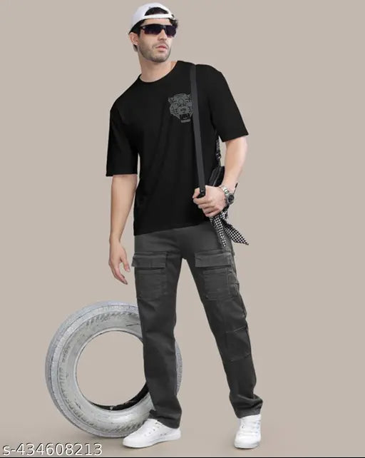 Black cotton round t-shirt with printed typography, men's oversized design suitable for everyday wear or sportswear. Made in India