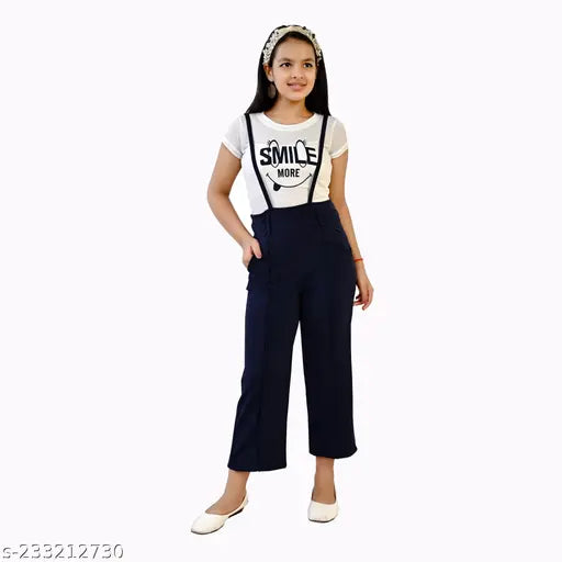Girls' navy blue cotton blend dungaree dress, 13-14 years, trendy two-piece set with white printed t-shirt