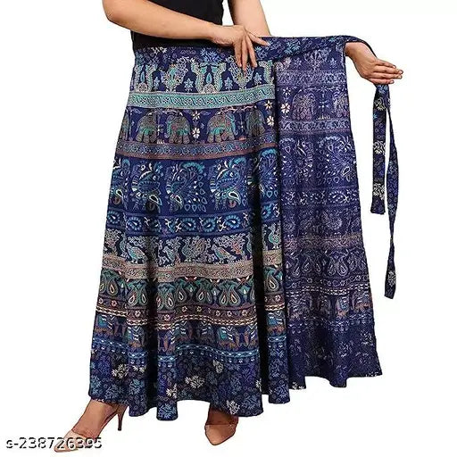 Navy blue cotton Sanganeri Jaipuri print long wrap skirt for women, high-quality fabric, India origin