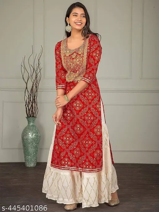 Trendy rayon printed kurti with pyjama, three-quarter sleeves, Indian fashion for women on mannequin