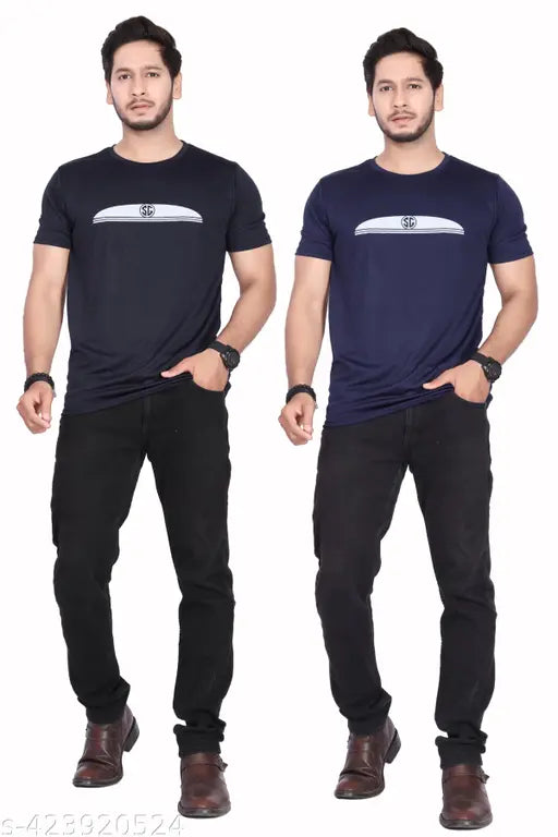 Black & Blue lycra round-neck T-shirts (2pcs) for men, stylish fitness wear with printed design. India origin