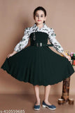 Green crepe party frock for girls with belt, features long sleeves and printed net pattern