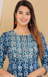 Blue Rayon Printed Embroidery Kurti for Women - Three-Quarter Sleeve, Regular Fit Gown Kurta. Ideal for parties, weddings, office wear, and casual events. Indian design and trending fashion