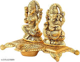 Golden brass Laxmi Ganesh Idol murti with Diya, handcrafted antique design perfect for home decoration or Diwali puja gift. Size: 5.5" x 4.5" x 4