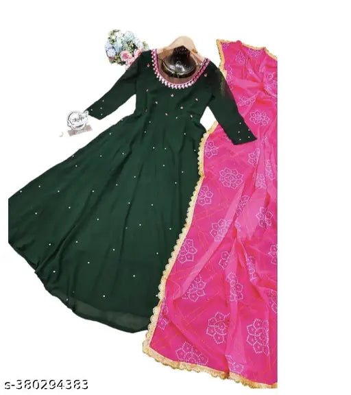 Green Georgette bandhni dupatta, embroidered with mirror work and digital print, for casual dressing with subtle detailing