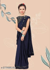 New striped net kids saree (India), unstitched velvet blouse for festive wear