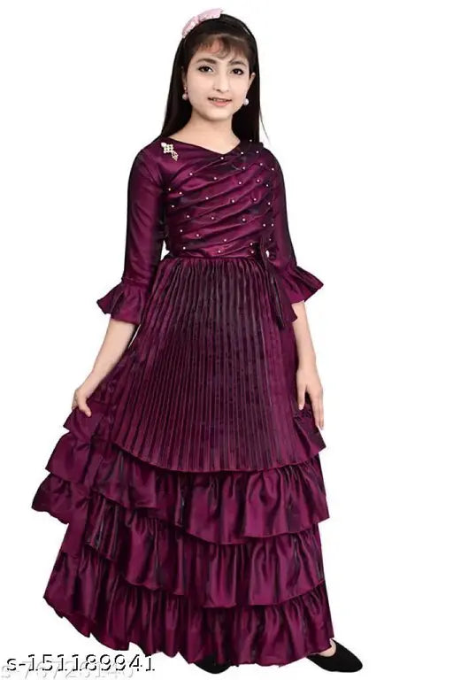 Girls three-quarter sleeve silk gown, solid net pattern, India-origin, 3-4 years size (bust size: 21 in)