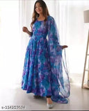 Blue printed net Georgette gown with Bamboo inner and Dupatta, Indian bridal wear for women