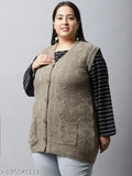 Beige acrylic sleeveless self-design sweater, plus size for women, warm and comfortable fashion