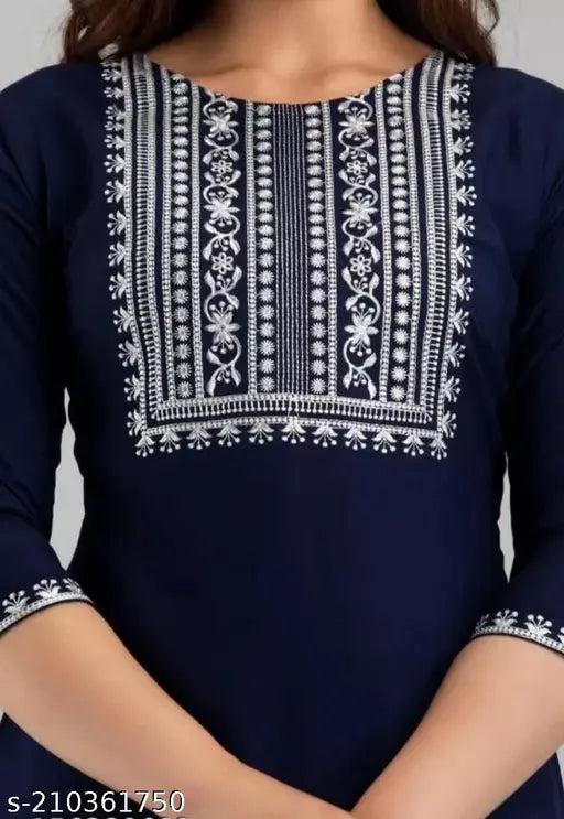 Dark blue embroidered viscose rayon kurta with three-quarter sleeves, Indian handcrafted
