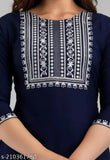 Dark blue embroidered viscose rayon kurta with three-quarter sleeves, Indian handcrafted