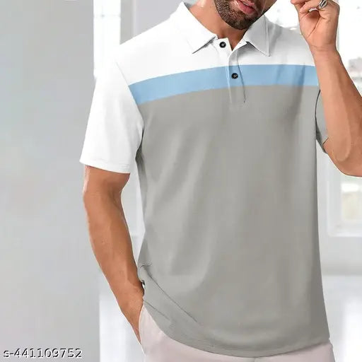 White men's colorblock polo t-shirt, pure cotton half sleeves on casual outfit display