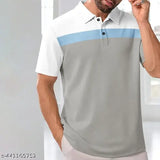 White men's colorblock polo t-shirt, pure cotton half sleeves on casual outfit display
