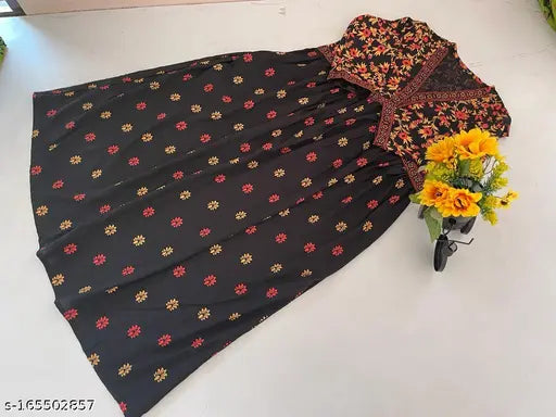 Rayon printed Anarkali kurti, three-quarter sleeves, Indian ethnic wear gown for women