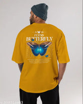 Yellow polycotton FlyIND Vogue Outfit men's graphic print round t-shirt with drop shoulder style, three-quarter sleeves. Sizes: S (38 in chest, 27 in length), M (40 in chest, 28 in length), L (42 in chest, 29 in length), XL (44 in chest, 30 in length). India origin