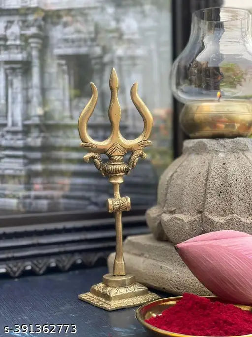 Gold brass Trishul & Damru set for Pooja Room, intricately handcrafted, stands at 55 inches tall