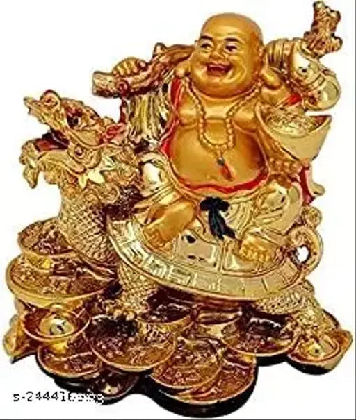 Polyresin laughing Buddha on dragon with coins, decorative showpiece for removing bad luck and promoting wealth prosperity at home or office, 7cm tall