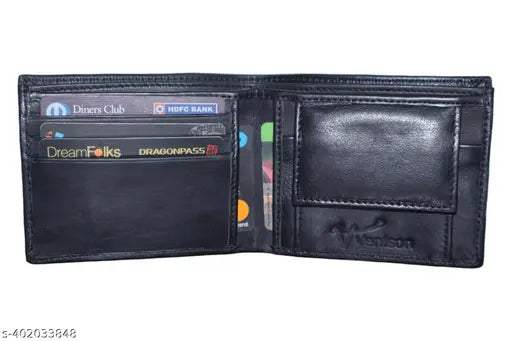 Genuine leather black men's casual/formal wallet for travel and parties, featuring 2 compartments and a free size of 12x9 cm. A premium quality accessory that keeps essentials secure, ideal for gifting. Texture: Solid Color: Black Country of Origin: India