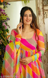 Multicolor pink Leriya print Georgette festive wear gown with dupatta set, three-quarter sleeves, Indian traditional party attire