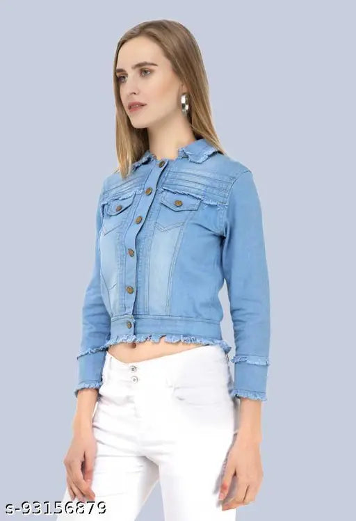 Women's solid denim full sleeve jacket, long sleeves, trendy & comfortable, quality Indian-made