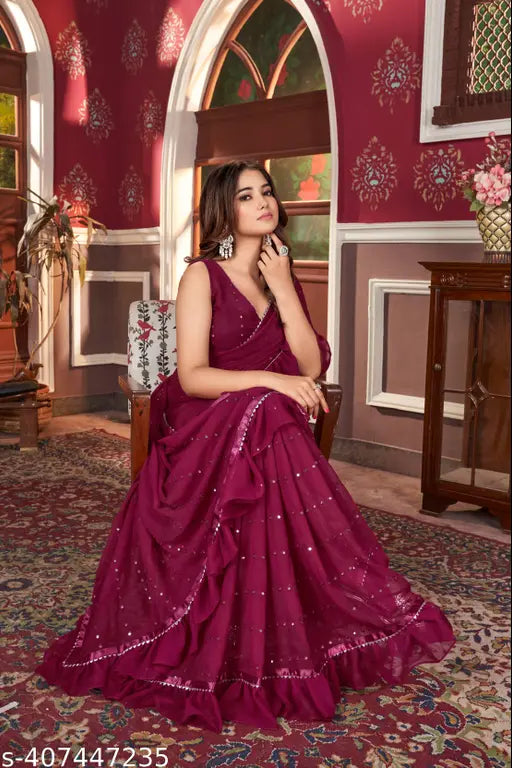 Pink embellished poly-georgette saree with solid border, free size, India