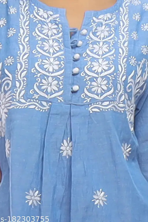 Denim cotton short top, hand-embroidered, winter wear. XS-XXL sizes. Three-quarter sleeves, chikankari art from Lucknow, India