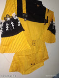 Printed cotton silk woman's top, short sleeves, size M (bust 26in, length 23in), black and yellow colorway, Indian-made