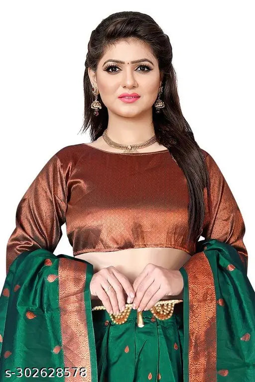 Unstitched designer silk lehenga-choli set, featuring zari work, from India (46 in waist, 50 in length)